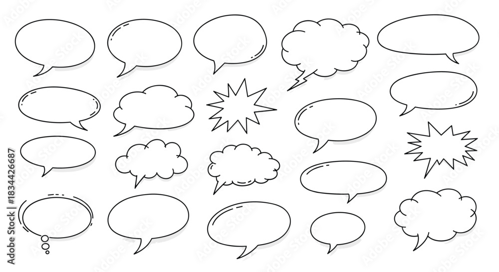 Fototapeta premium Collection of various hand-drawn speech bubbles and thought clouds in a sketchy comic book style, isolated on a white background.
