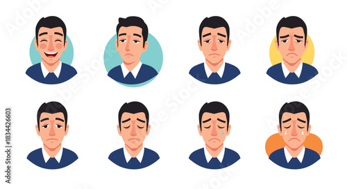 Collection of eight expressive cartoon avatars of a businessman showing a range of emotions from happy and tired to sad and crying.