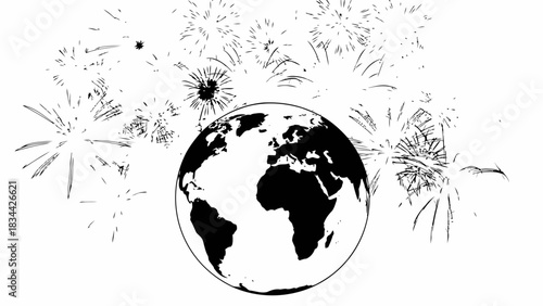 Global celebration event with festive fireworks and world map graphic art isolated on white background, Vector