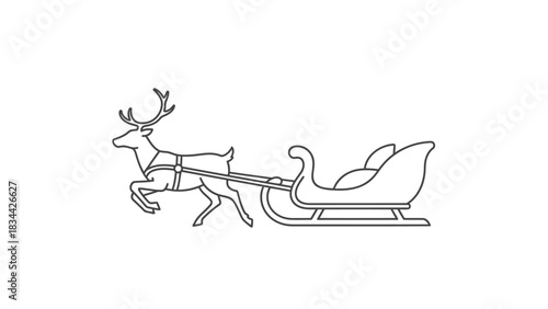 Minimalist vector illustration of reindeer and santa's sleigh outline isolated on white background, Vector