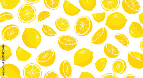 Vibrant seamless background filled with whole lemons, lemon slices, and wedges, creating a fresh and zesty citrus fruit pattern.