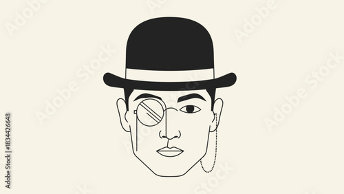 Gentleman in bowler hat and monocle, elegant retro style line art drawing isolated on white background, Vector