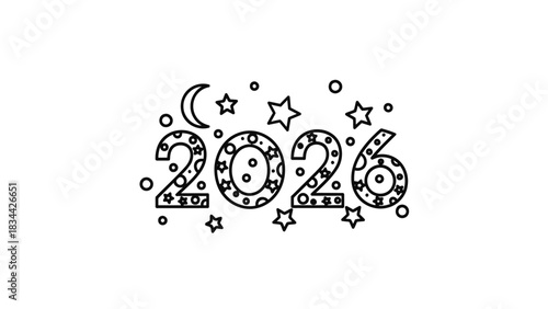 Outline drawing of decorative 2026 new year numbers with stars and moon celebration isolated on white background, Vector