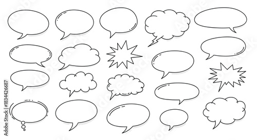 Collection of various hand-drawn speech bubbles and thought clouds in a sketchy comic book style, isolated on a white background.