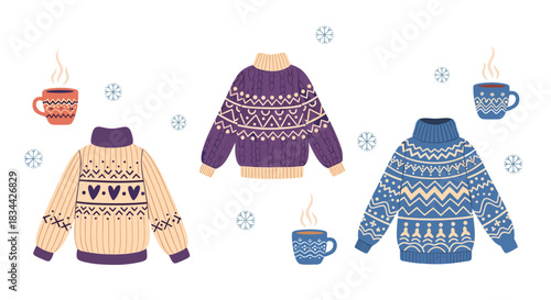 Cozy winter collection of three warm knitted sweaters with different Nordic patterns, steaming mugs of hot drinks, and delicate snowflakes.