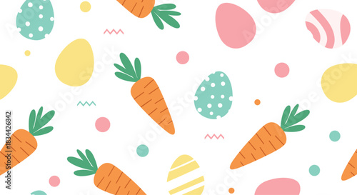 Bright and cheerful seamless Easter pattern with colorful decorated eggs, orange carrots, and playful abstract shapes on a white background.