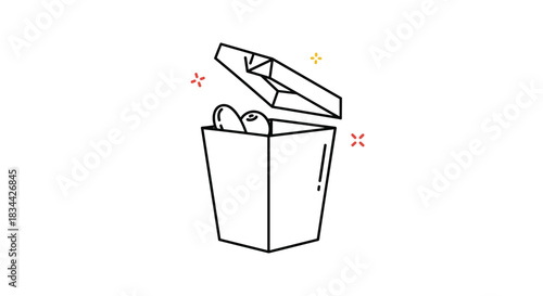 Minimalist line art icon of an open gift box with sparkling effects, representing a present, surprise, or special delivery concept.