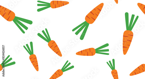 Simple and fun seamless pattern of bright orange carrots with green tops scattered randomly on a clean, crisp white background.
