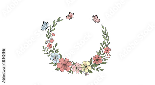 Delicate and beautiful wreath made of hand-drawn colorful flowers, green leaves, and fluttering butterflies, perfect for wedding invitations.