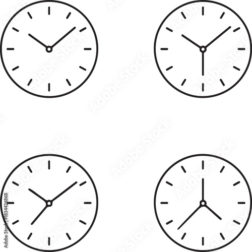 Isolated minimal analog clock icon, thin outline round clock silhouette, clean classic time icon, smooth ticks and hands, modern simple black vector design for buyers