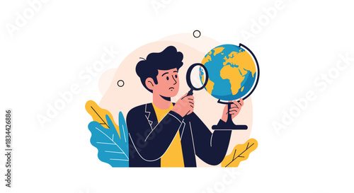 Young man with a magnifying glass carefully examines a globe, symbolizing concepts of discovery, global research, and cartography.