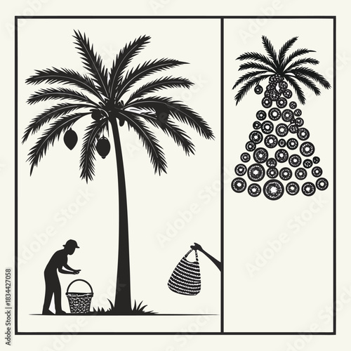 Vector illustration silhouette illustration of date palm tree harvesting with a worker collecting fruit and a stylized fruit cluster design