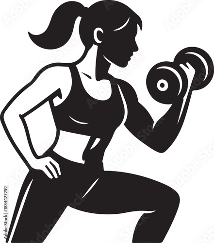 Isolated mixed style fitness icon, half outline half solid vector, woman lifting dumbbell, balanced contrast silhouette, modern gym symbol, clean fitness illustration