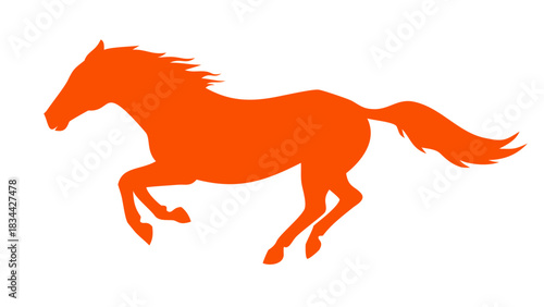 Silhouette of a galloping horse in a vibrant orange hue against a plain white background, showcasing dynamic movement and equine elegance