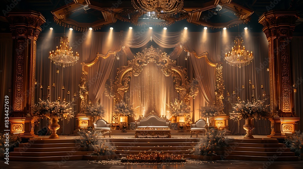Fototapeta premium Glamorous wedding stage with royal gold theme high resolution picture