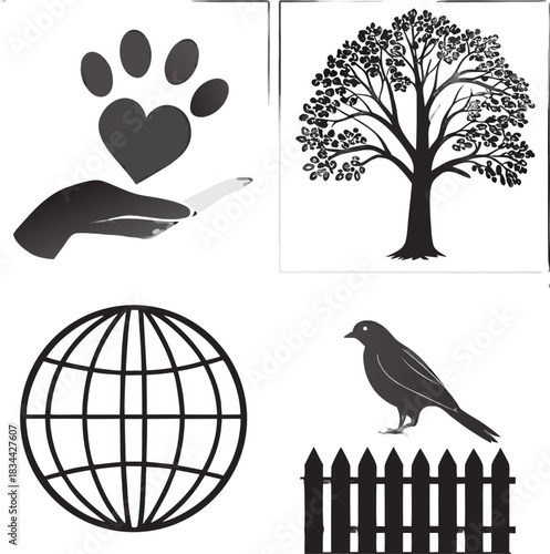 Vector illustration collection of four black and white icons representing animal welfare, nature, global reach, and wildlife conservation
