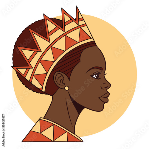 African woman with brown skin wears a crown with triangles on transparent background