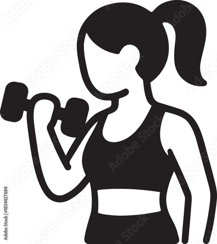 Isolated female fitness dumbbell icon, woman workout vector, clean minimal gym silhouette, ponytail figure outline, strength training symbol, buyer friendly fitness illustration