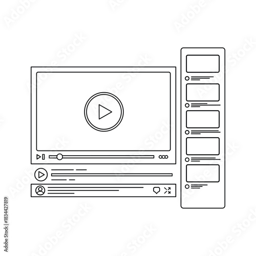 Line art video player interface with play button and playlist vector