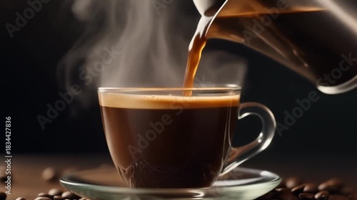 Close-up cinematic shot of hot coffee being poured into a clear glass cup