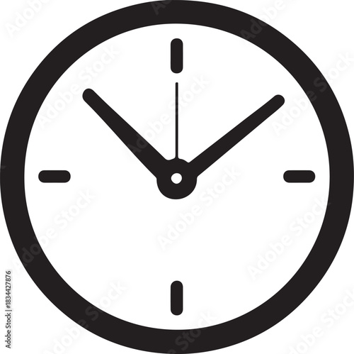 Isolated analog clock icon, solid black timepiece vector, bold hour minute hands, clean round clock silhouette, minimal classic symbol, simple time illustration