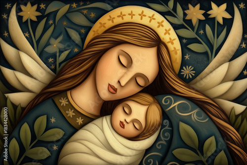 Caucasian Guardian Angel Holding Protecting Sleeping Baby, Textured Folk Art Closeup Illustration