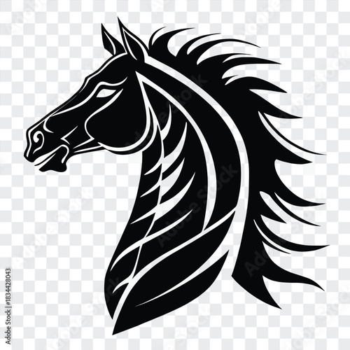 Vector illustration stylized black and white graphic illustration of a majestic horse head and flowing mane in profile view