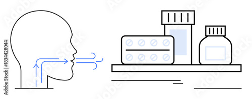 Human head with airflow arrows inhalingexhaling, medicine bottles, and pills. Ideal for healthcare, respiratory care, medication, pharmacy, treatment wellness breathing therapy. Simple flat