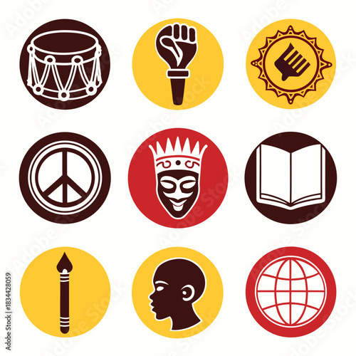 Nine symbolic cultural icon sets represent diverse heritages and global unity in round shape