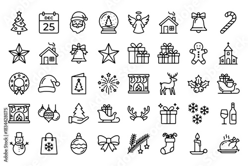 Christmas Icon Set.
Holiday, Santa, Tree, Ornament, Gift, Angel, Wreath & More  Editable Line Vector