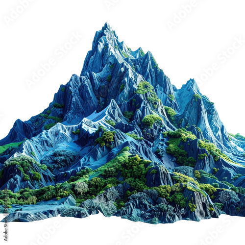 Detailed, stylized illustration of a towering mountain range with vegetation