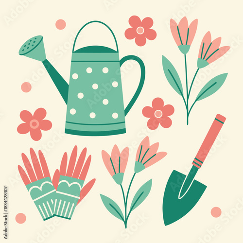 Spades, floral blooms, gloves, and a polka dot watering can showcase spring gardening