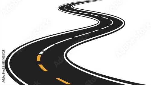 Vector illustration winding asphalt road with dashed yellow and white lane markings