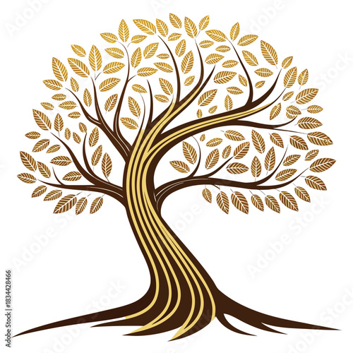 Vector illustration stylized illustration of a mature tree with rich brown trunk and golden yellow leaves