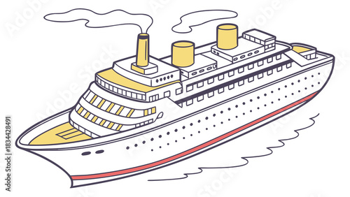Vector illustration cartoon illustration of a large passenger cruise ship with multiple decks and smokestacks