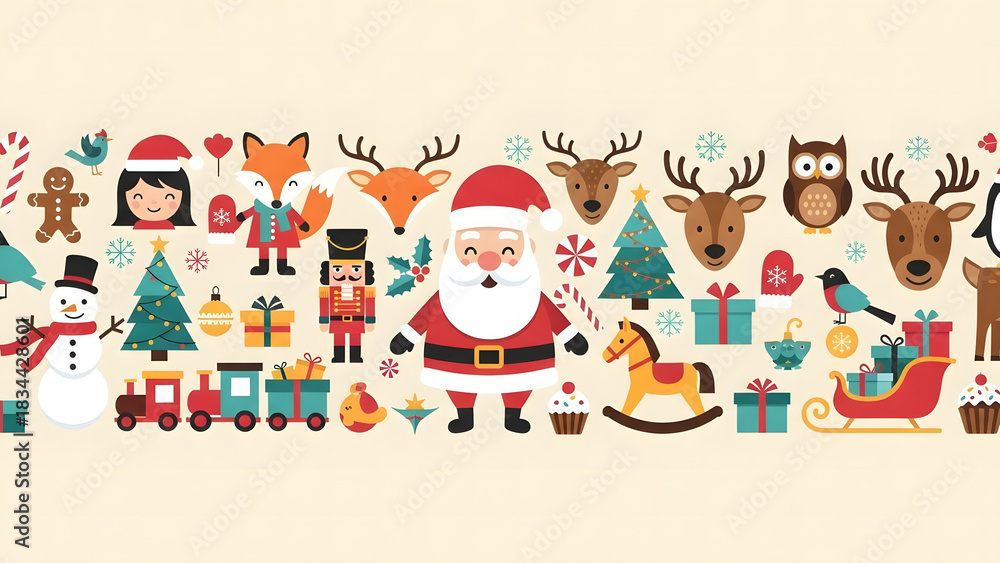 Fototapeta premium A vibrant and festive collection of Christmas holiday icons, featuring Santa Claus, reindeer, a snowman, and a nutcracker in a flat design pattern