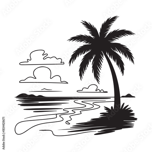 Tropical Beach Landscape with Palm Tree and Ocean Waves