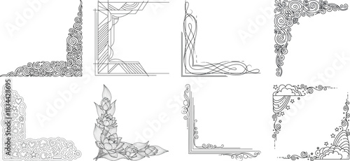 Collection of eight ornate corner designs in black and white isolated on transparent background