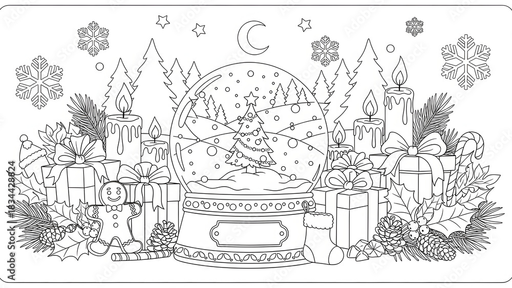 Fototapeta premium Black and white linear illustration of a Christmas scene with a snow globe, gifts, and candles, perfect for a festive holiday coloring page