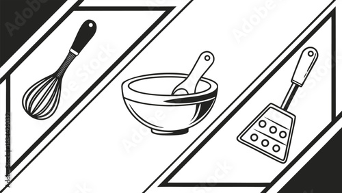 Vector illustration black and white line art illustration featuring kitchen utensils like a whisk, mortar and pestle, and spatula