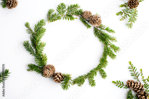 Christmas-themed circular frame of pine leaves arranged in a ring with a white blank space for text