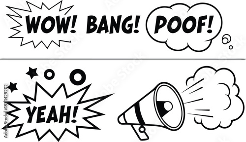 Vector illustration black and white comic book style sound effect words like wow, bang, poof, and yeah with a megaphone