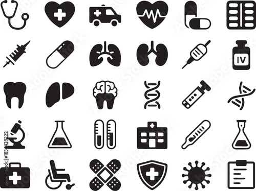 Collection of medical and healthcare icons on a white background stethoscope heart