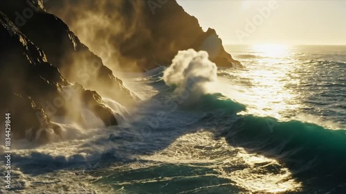 Golden light illuminates powerful ocean waves crashing against rugged coastal cliffs during a breathtaking sunset
