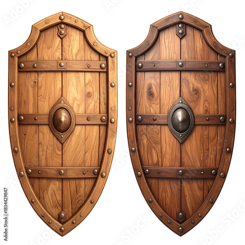 Two wooden shields, each with metal accents and a central decorative plate