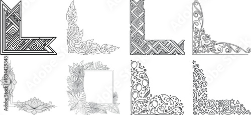 Collection of eight ornamental corner designs with intricate details isolated on transparent background