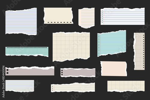 Colored ripped lined paper strips collection. Realistic paper scraps with torn edges. Sticky notes, shreds of notebook pages. Vector illustration.