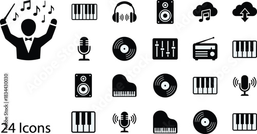 Music, Sound, and Audio Vector Icon Set: Conductor, Piano Keyboard, Headphones, Speaker, Cloud Storage, Microphone, Vinyl Record, Mixer, Radio, Grand Piano Collection, Perfect for Digital Media, 