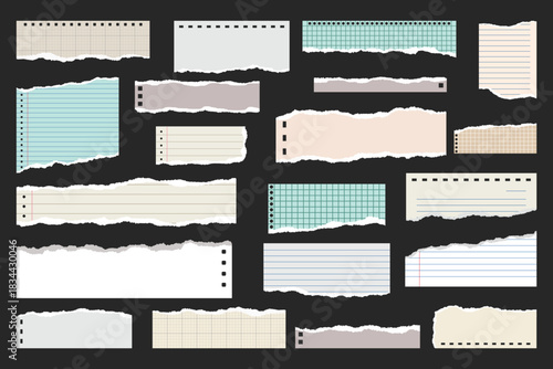 Colored ripped lined paper strips collection. Realistic paper scraps with torn edges. Sticky notes, shreds of notebook pages. Vector illustration.