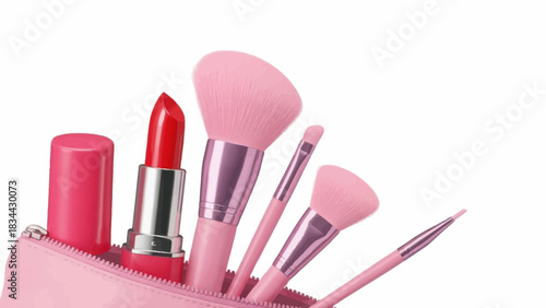 Cosmetic elegance showcasing a vibrant lipstick and array of makeup brushes ready for beauty